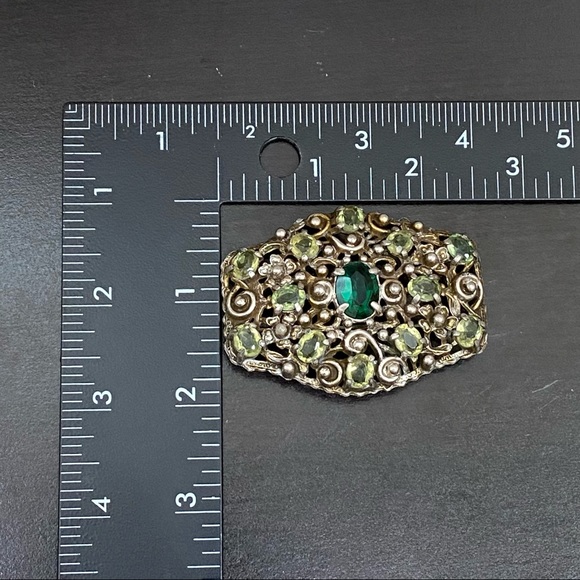 Unique Vintage Austro-Hungarian? Peridot Emerald Green Ornate Flower Brooch - Picture 5 of 12